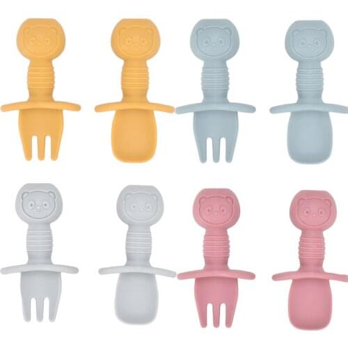2Pcs/Set Food Grade Silicone Spoon & Fork Auxiliary Food Toddler Learn To Eat Training Cute Cartoon Children Tableware BPA Free