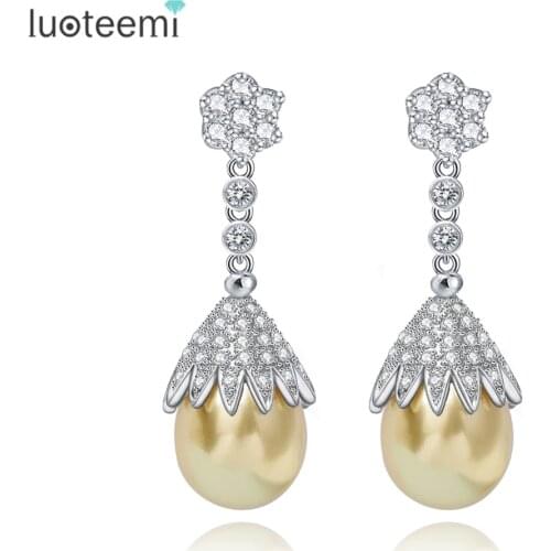 LUOTEEMI Luxury Womens Fashion Yellow Gray White 3-Colors Simulated Pearl Drop Fancy Dangle Earrings For Women Zircon Jewelry