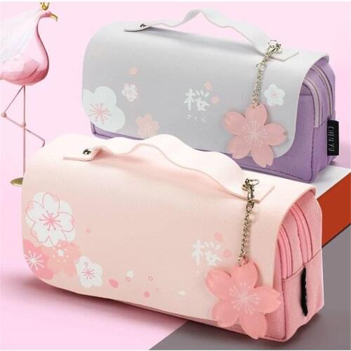 Macaron High Capacity Pencil Case Kawaii Cherry Blossom Pattern Stationery Accessories Storage Bag with Cherry Blossom Pendant