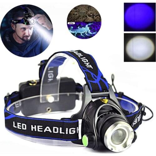 TOPCOM Powerful 4-Mode 5W LED Headlamp USB Rechargeable Zoom Headlight 395nm UV & White Head Torch For Camping Scorpion Detector
