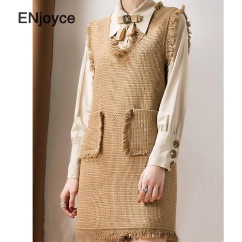 Fall Winter Vintage Woolen Vest Skirt and Long Sleeve Shirt Two Pieces Sets Office Ladies Elegant Waist Slimming Two-piece Suit