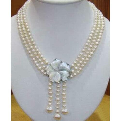 Free Wonderful7-8MM 3Rows Natural White Akoay Cultured Pearl Shell Clasp Necklace