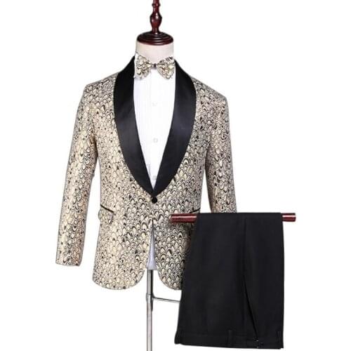 Printing blazer men suit set with pants mens wedding suits costume singer star style Long sleeve stage clothing formal dress