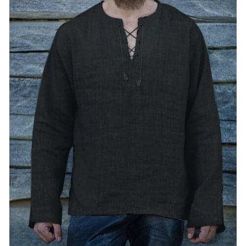 S-4Xl2021 New Mens Cotton Linen T Shirt Male Solid Color V Neck Bandage T Shirts Casual Long Sleeves Linen Tshirt Tops