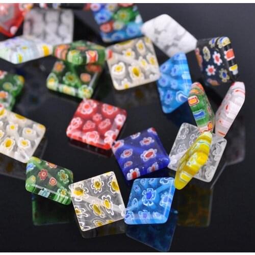 Diagonal Square Shape Mixed Flower Patterns 10mm 14mm Millefiori Glass Loose Beads for DIY Crafts Jewelry Making Findings