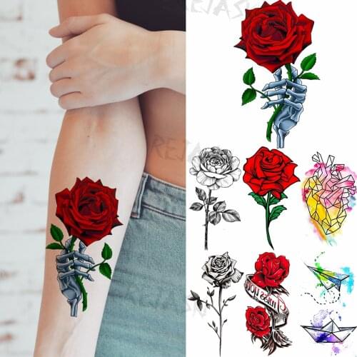 Small Rose Hand Leaves Temporary Tattoos For Women Kids Heart Airplane Ship Realistic Fake Tattoo Body Art Water Transfer Tatoos