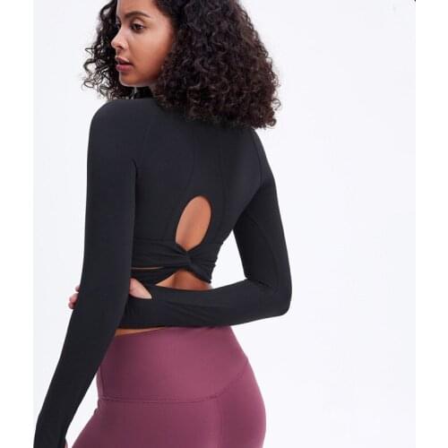 2021 Spring New Back Hollow Out Kink Yoga Shirts Women Long Sleeve Thumb Holes Quick Dry Sports T Shirt With Removable Chest Pad