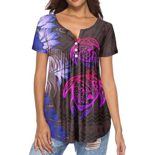 HYCOOL Purple Polynesian Hibiscus Print Custom Women Plus Size Shirts And Blouse Summer Women Short Sleeve Pleated Buckle Shirt