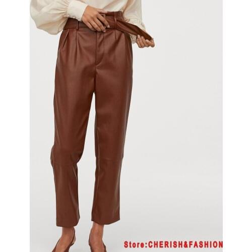 Women Ladies PU Leather High Waist Jegging Stretch Pants With Pocket Belt Autumn Loose Solid Party Slim Fit Long Pencil Trousers