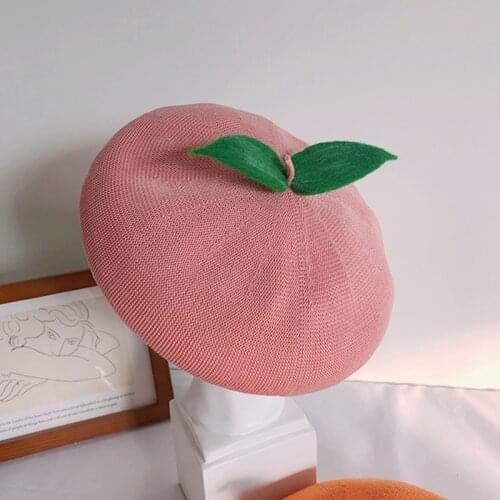 Spring summer womens beret hat DIY handmade cute fruit orange painter hat girl thin section breathable peach beanie gift female