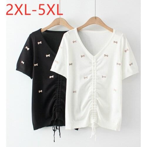 New 2021 Ladies Summer Plus Size Knit Top For Women Large Short Sleeve Elastic Floral Black White V-neck T-Shirt 2XL 3XL 4XL 5XL