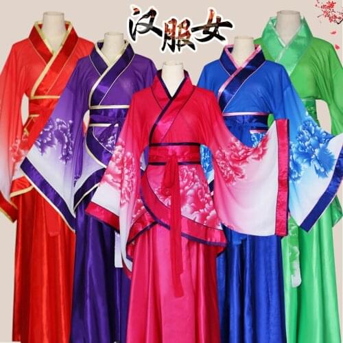 Hanfu Women Slim Chiffon Print Large Skirt Hem Curved Train Chinese Wind Improved Hanfu Dance Dress Performance Dress