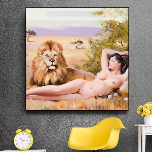 Abstract Animal Lion and Nude Sexy Women Portrait Art Canvas Painting Posters and Prints Wall Art Picture for Living Room