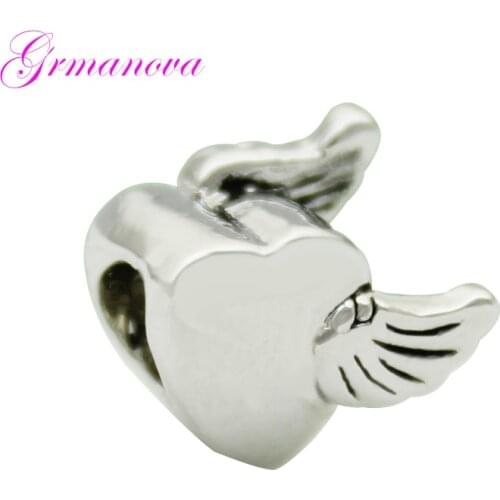 Valentines Day Mothers Day Gift Wings Heart Shaped Big Hole European Charm Bead Amule Fit Pandora Bracelet Womens DIY Jewelry