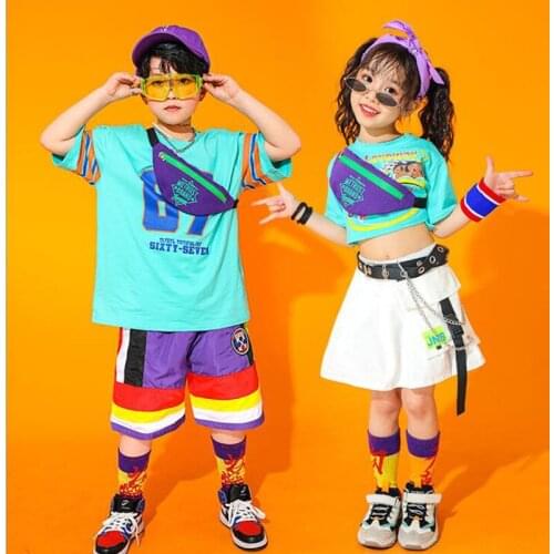Kids Concert Hip Hop Clothing Blue T Shirt Tops Mini Skirt Shorts Streetwear for Girls Boys Jazz Dance Costume Show Clothes