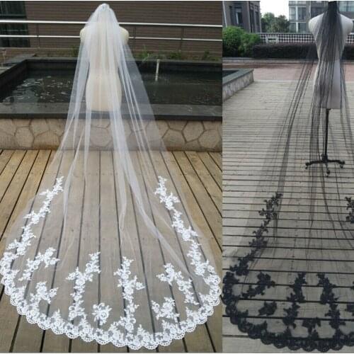 Appliques Wedding Veil Long Cathedral Length White Ivory Lace Hem Bridal Veils with Comb Black Wedding Veil