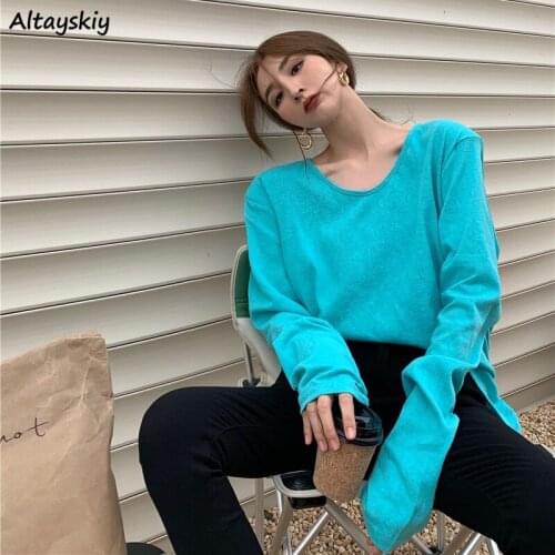 T-shirts Women Basic Solid Color Simple Daily Long Sleeve Clothing Tops Female All-match Leisure Korean Style Popular V-neck Ins