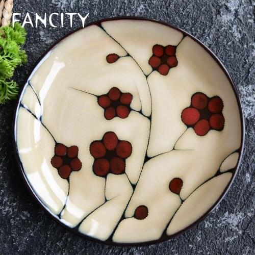 FANCITY Ceramic tableware hand-painted leaves retro western dinner plate flat plate creative household dinner plate