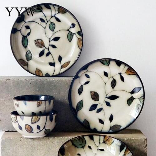 Ceramic Plate Dish Japanese Style Leaf Retro Color Plate Bowl Set Household Deep Dish Salad Rice Bowl Kitchen Accessories