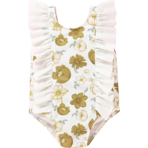 2021 0-18M Sweet Infant Baby Girl Summer Swimwear Ruffle Shoulder Sleeveless Floral Print One Piece Swimsuit Beachwear Holiday