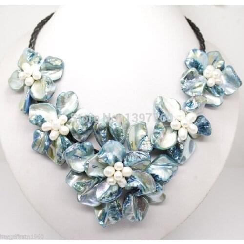 Miss charm Jew.124 new blue mother of pearl shell flower necklace 18"long