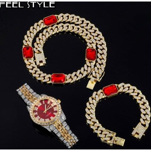 Hip Hop 12MM 3PCS KIT Watch+Square Necklace+Bracelet Crystal AAA+ Iced Out Cuban Rhinestones Chains For Women Jewelry