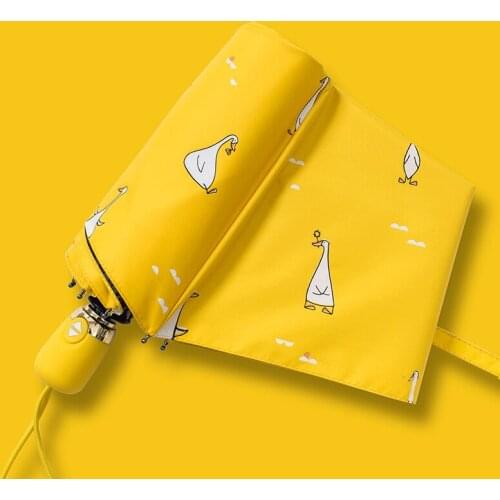 New Womens Girl Sunny Rain Folding Umbrella Cartoon Duck Design Yellow Windproof UV Protection Umbrella Umbrella