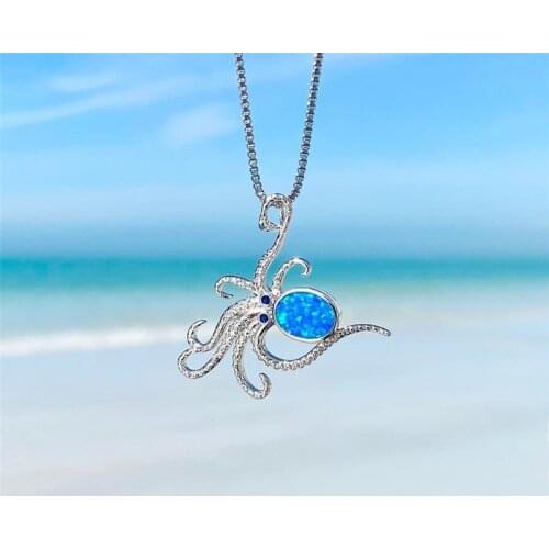 Cute Animal Octopus Pendant Necklace Blue Fire Opal Stone Necklace Dainty Silver Color Chain Necklaces For Women Wedding Jewelry