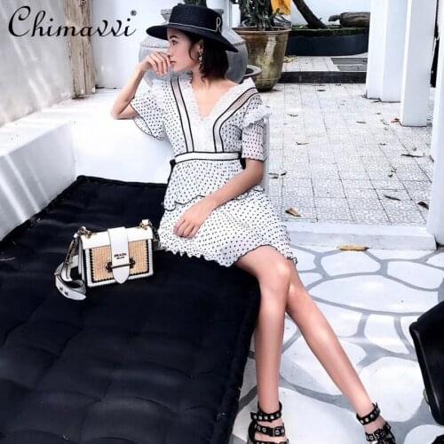 Summer Dress Womens Lace Stitching Polka Dot V-neck Dress Sexy Backless High Waist Short Sleeve Pleated Dress Feminine