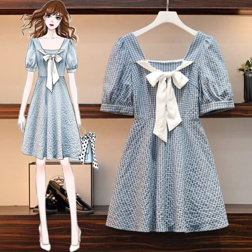 Plus size womens vestidos de festa slim square neck bow midi dress plaid dress summer Vestidos Dresses for Women