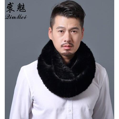 140cm Luxury Men Natural Mink Fur Scarves Solid Knitted Real Fur Collar Warmer Russian Wrap Male Thicken Scarf For Men Fur Ring