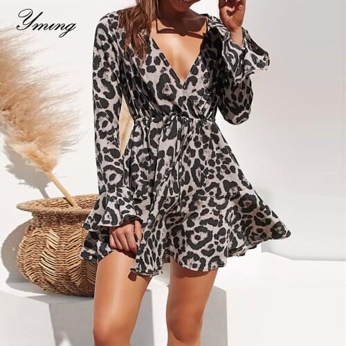 YMING Sexy Club Leopard Print Women Dress Long Sleeve Evening Party Mini Dresses Boho Vestidos A-Line Beach Dress Woman Clothes