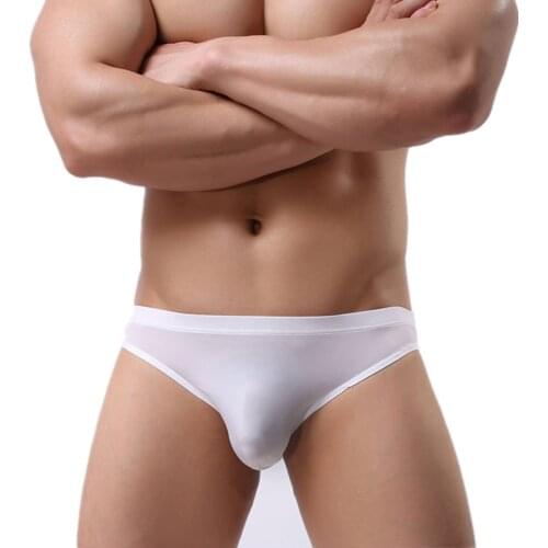 Sexy Men Underwear Briefs Shorts Semi-transparent Ice Silk Panties Solid Low Waist U Convex Pouch Underpants Plus Size M-3XL