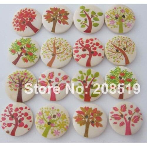 WBNKEK 1" Round wooden Buttons 100pcs nature color printed tree design DIY scrapbooking accessories