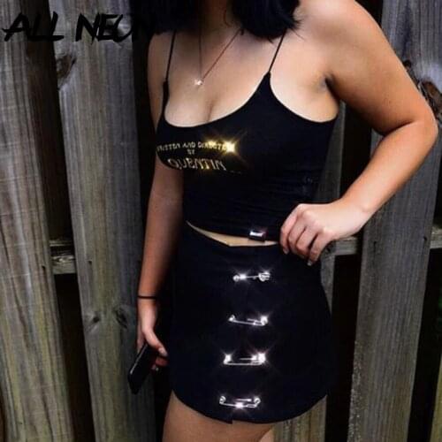 ALLNeon E-girl Style Womens Mini Skirts with Clip Low Waist Slit A-Line Black Short Skirts Casual Female Bottoms Summer 2020