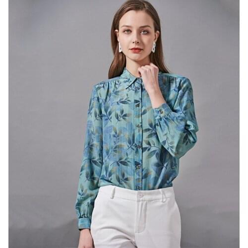Womens Blouses and Tops Silk blue leaves Floral Office Formal Casual Shirts Plus Large Size Spring Summer Sexy Haut Femme