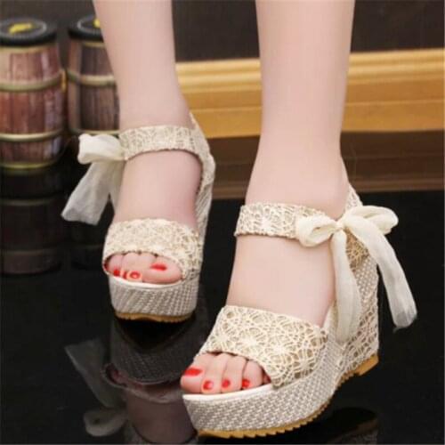 Summer 2019 Flowers Print Women Wedges Sandals Sweet Ribbons Bow Platform Wedges Shoes Casual Lace Up Open Toe Lady High Heels