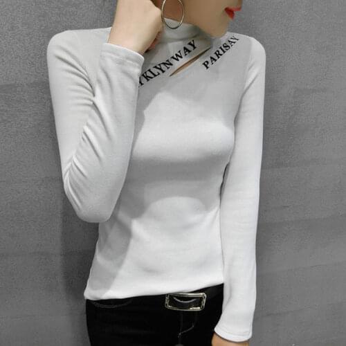 Womens White Pullover Half High Collar Letter Hollow Long Sleeves Slim T-shirt Wholesale Autumn 2021 New Fashion Lady Clothes