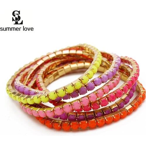 Candy Corloful Acrylic Beads Bracelet For Women Yellow Stretch Bracelet Femme Pulseras Ethnic Jewelry Bijouterie 2017 5 Pcs/Lot