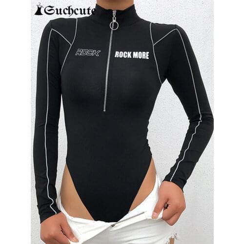 SUCHCUTE Overalls For Women Jumpsuit Black With Zipper Long Sleeve Female Boydcon Bodysuit Body Sports Bodies Ladies Playsuit