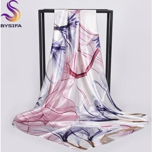[BYSIFA] Scarf Hijab 2019 New Ladies Grey Red Square Scarves Wraps Fashion Floral Design Satin Silk Scarf Shawl Pink Blue 90*90
