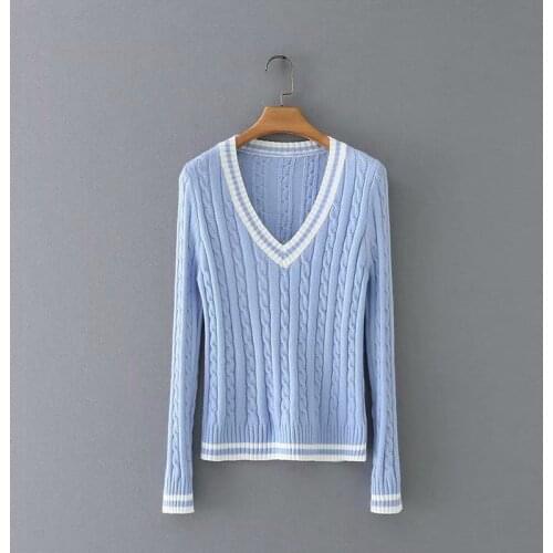 United States womens new light blue twist v-neck long-sleeve knitwear manufacturers selling wholesale sweater female