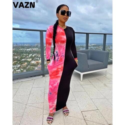 VAZN 2020 Autumn Hot List Patchwork Young Sexy Regular Sweet Style Full Sleeve High Waist Women Elastic Thin Maxi Dress