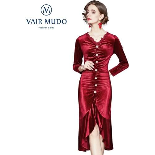 VAIR MUDO Elegant Dress Part Single-Breasted Slim-Fitting Buttocks Slimming Ruffled Velvet Mermaid Skirt Comfortable V-Neck Y-11