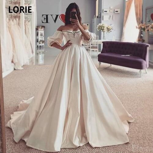 LORIE Satin Wedding Dresses 2020 Off the shoulder Long Sleeve Back Lacing Bridal Gowns Beach Boho Princess Wedding Party Gowns