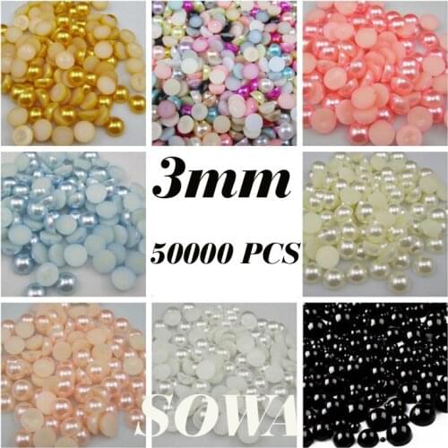 Free Shipping Wholesale 50000Pcs White/Ivory/Black 3mm Craft ABS Resin Flat back Half Round imitaton pearl in Scrapbook Beads