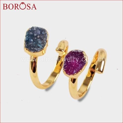 BOROSA Design Druzy Jewelry 10PCS New Arrival Gold Color Rainbow Druzy Wrap Rings Gems Ring for Women G1540