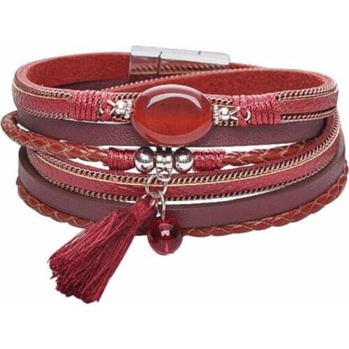 FYJS Unique Silver Plated Multi Layer Leather with Tassels Bracelet for Elegant Women Many Colors Agates Jewelry