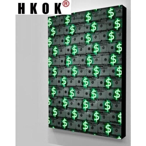 HKOK Abstract Modular Canva Painting Poster Print American Dollar Neon Sign Wall Art Picture Home Decor For Living Room Unframed