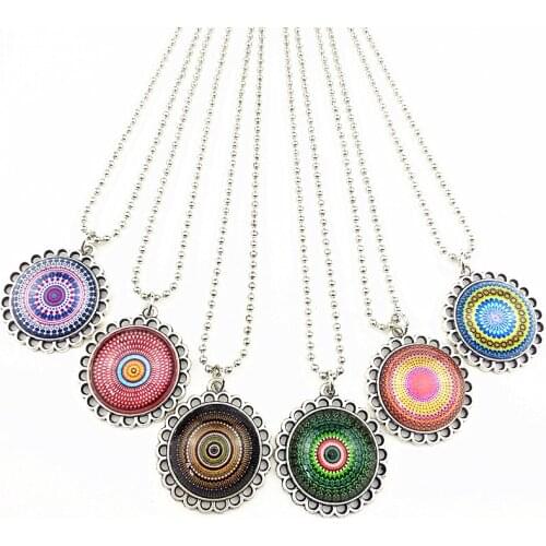 Jiangzimei 24pcs New design Mandala,Bandanna,Indian Buddhism Silver plated antique Bohemia Necklace for women Girls party gift